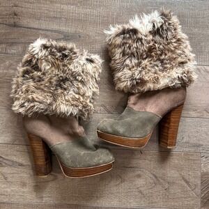 Y2K Naughty Monkey Women Suede Faux Fur Platform Ankle Boots Olive Brown Sz 7.5